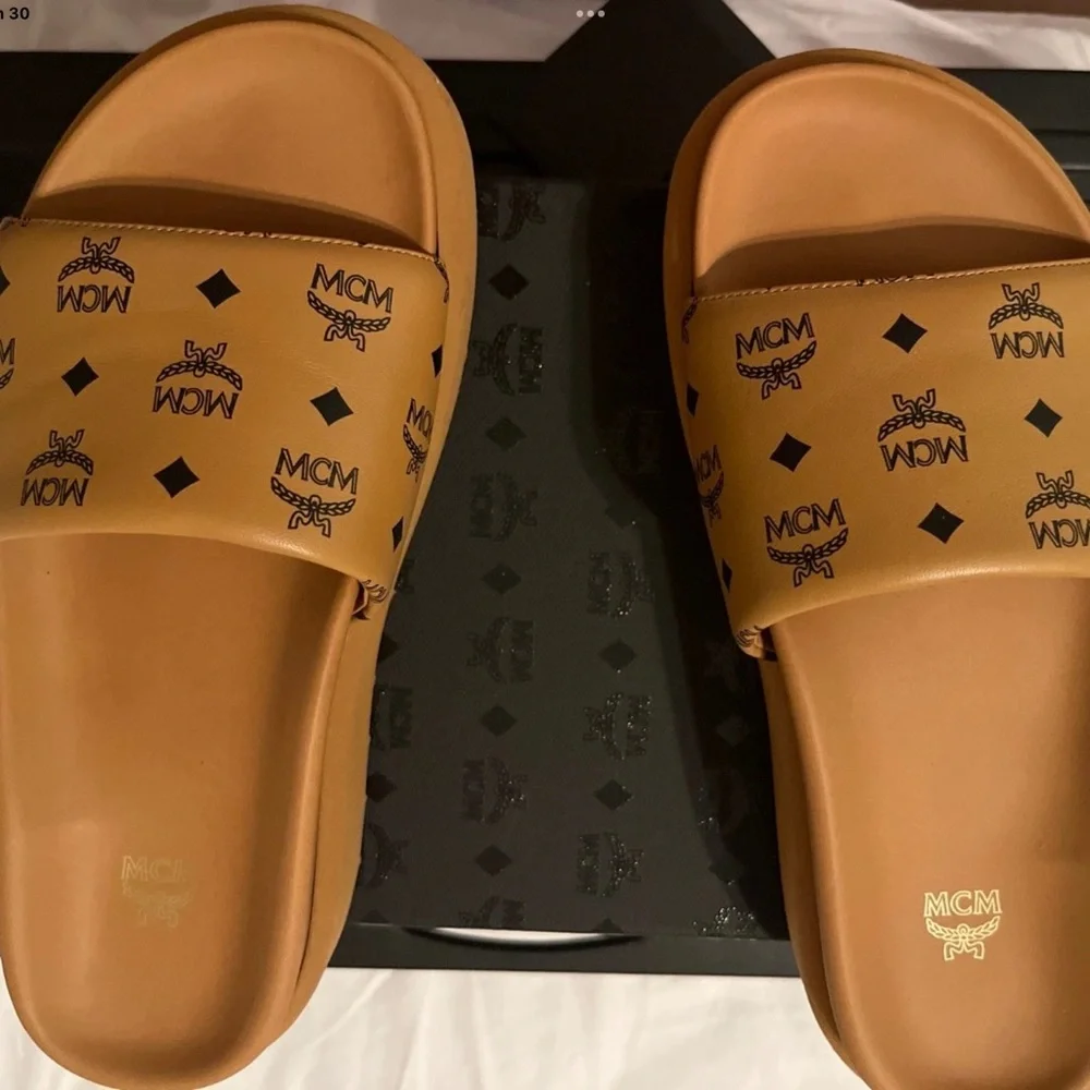 MCM Brown Logo Slide Sandals - Picture 3 of 5